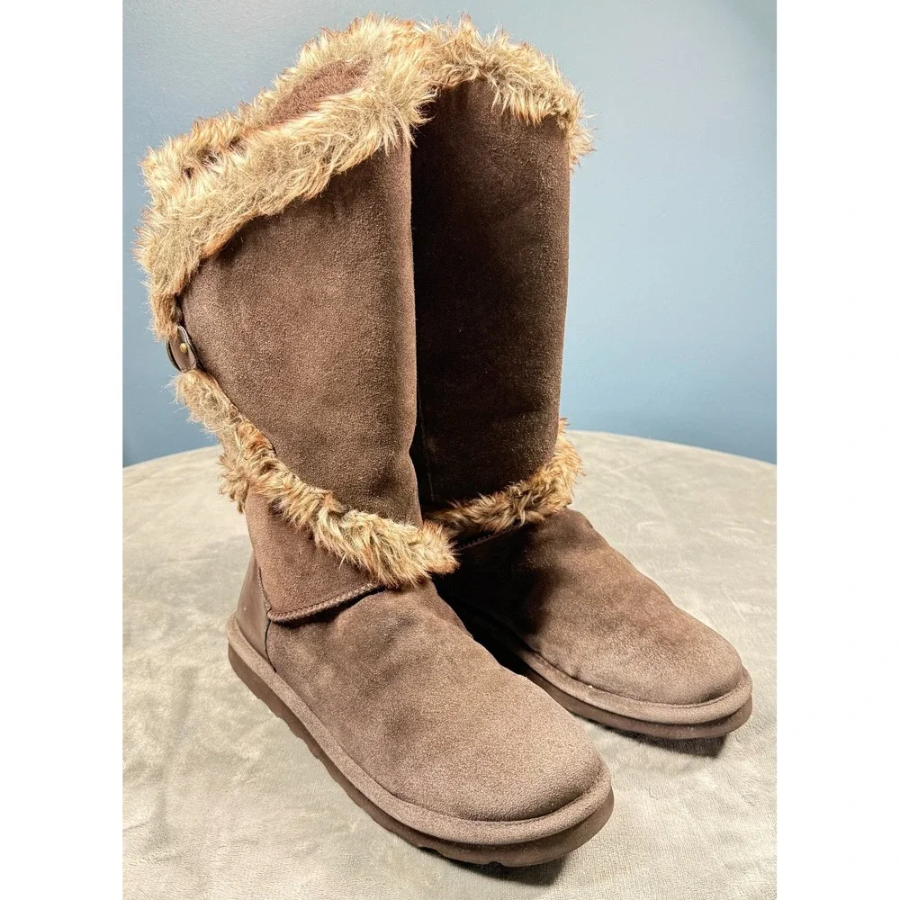 Bearpaw Sheilah Boots Womens 12 Brown Suede Faux Fur Trim Mid Calf